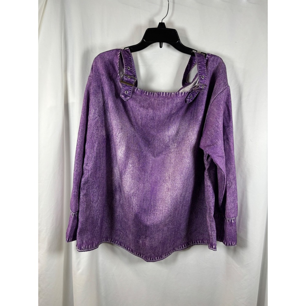 Purple Acid Wash Denim Cold Shoulder Top Buckle Strap Long Sleeve Blouse 3X